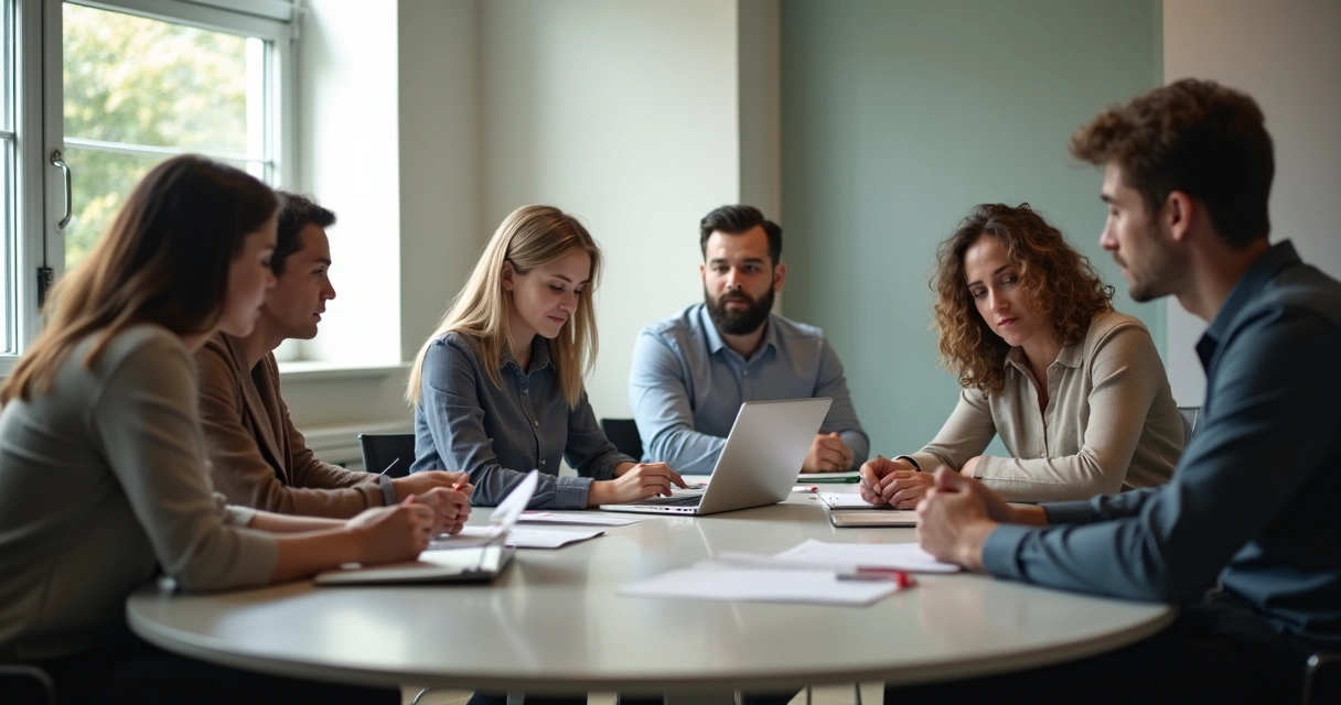 Colleagues sitting around a conference table, some looking engaged while others seem left out 