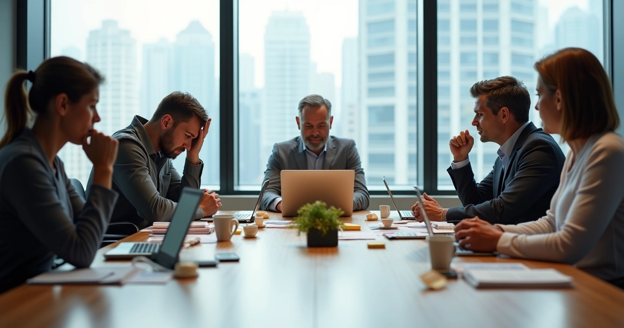 Stressed team in a tense meeting with one calm person breaking the pattern 