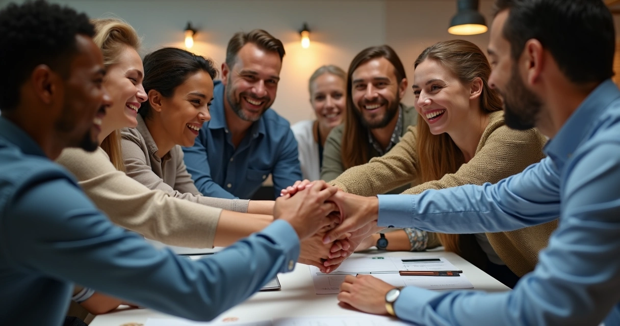 Team high-fiving after achieving a shared goal, diverse group, happy faces