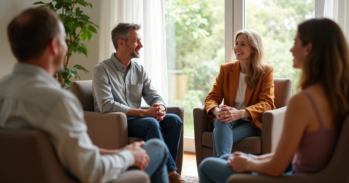 Small diverse group sitting in a support circle, sharing and listening in a bright room. 