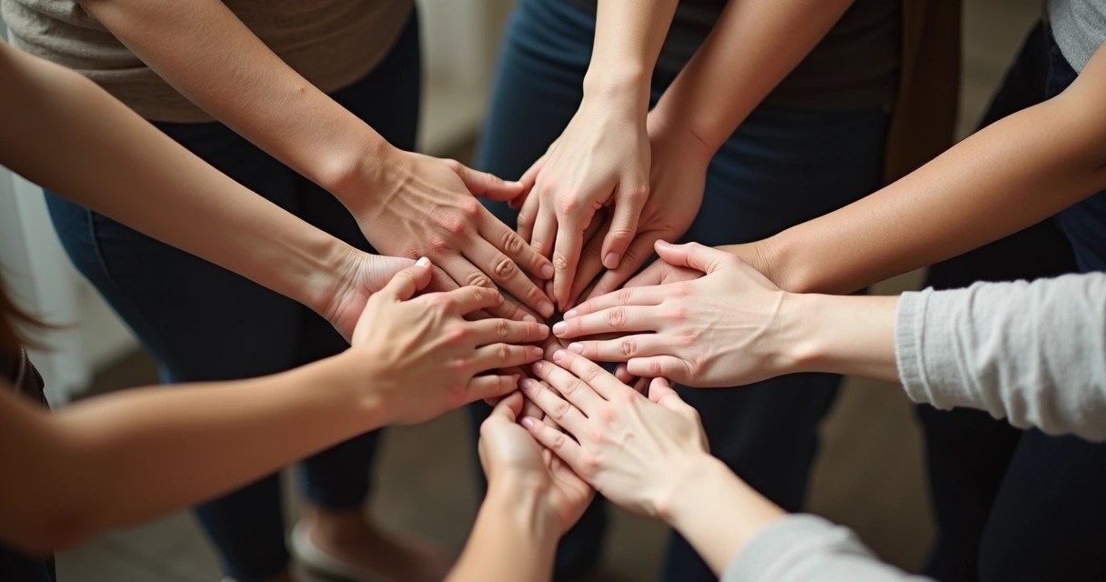 Close-up of diverse hands joined together in support 