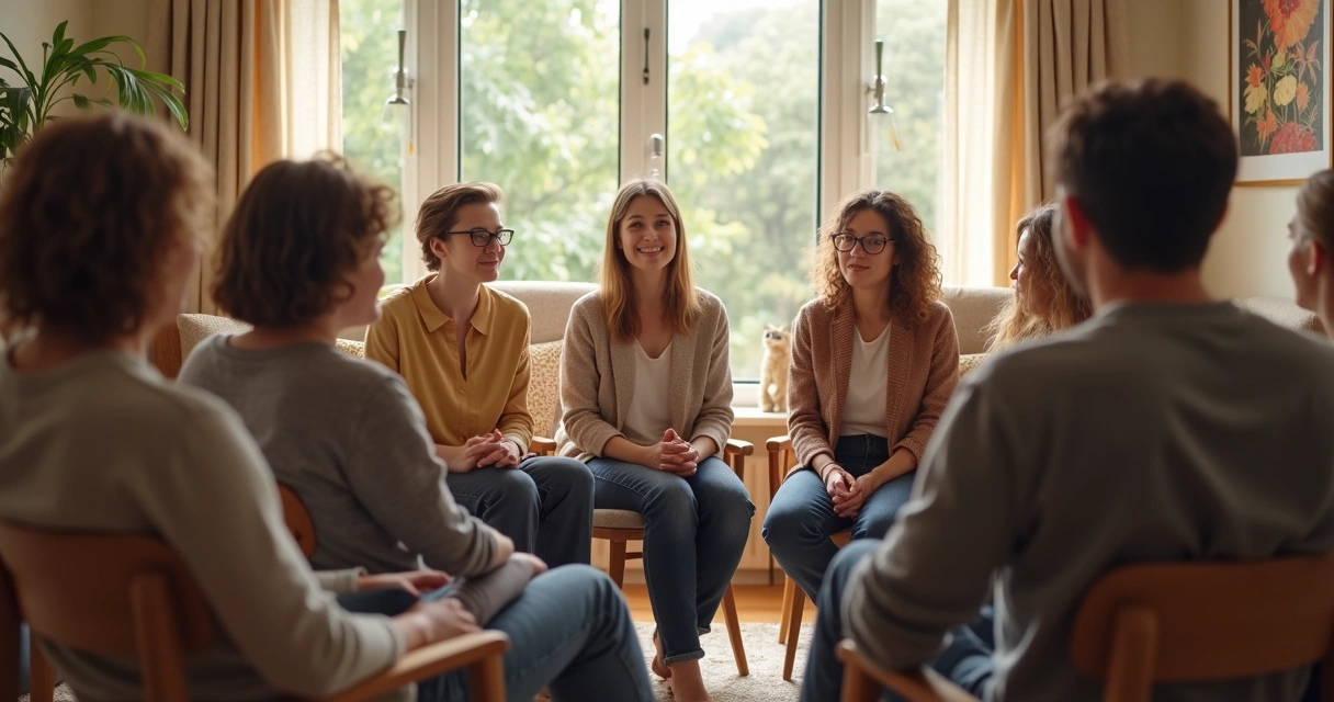 Supportive group sitting in a circle, sharing perspectives 