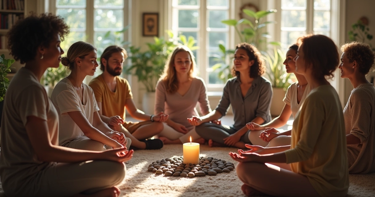 Support group sitting in a circle during a ritual 