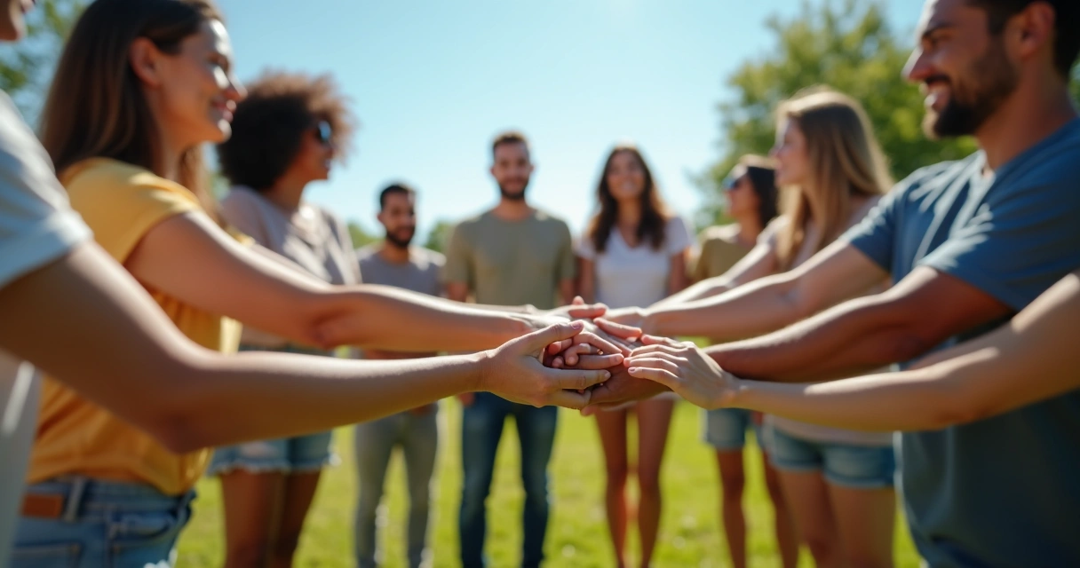 People linking arms in a supportive group circle 