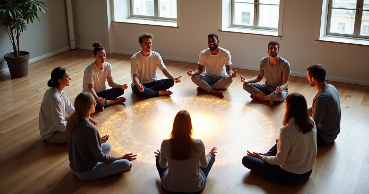 Diverse group sitting in a circle with subtle glowing connection lines between them 