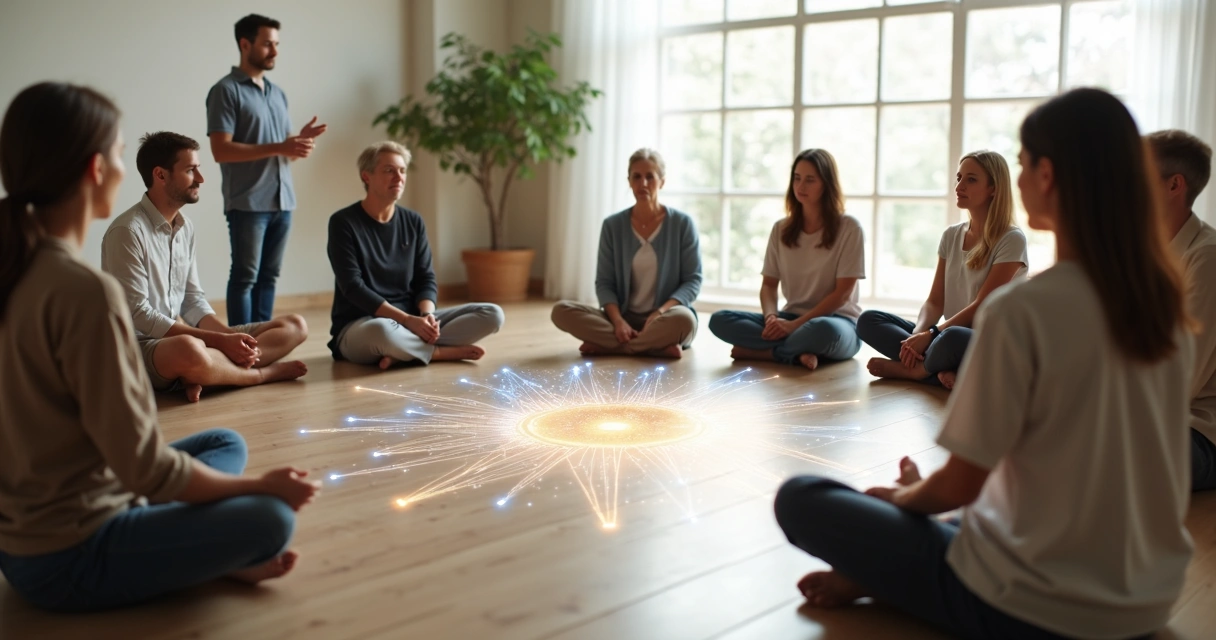 Facilitator guiding a seated circle of people connected by glowing lines 
