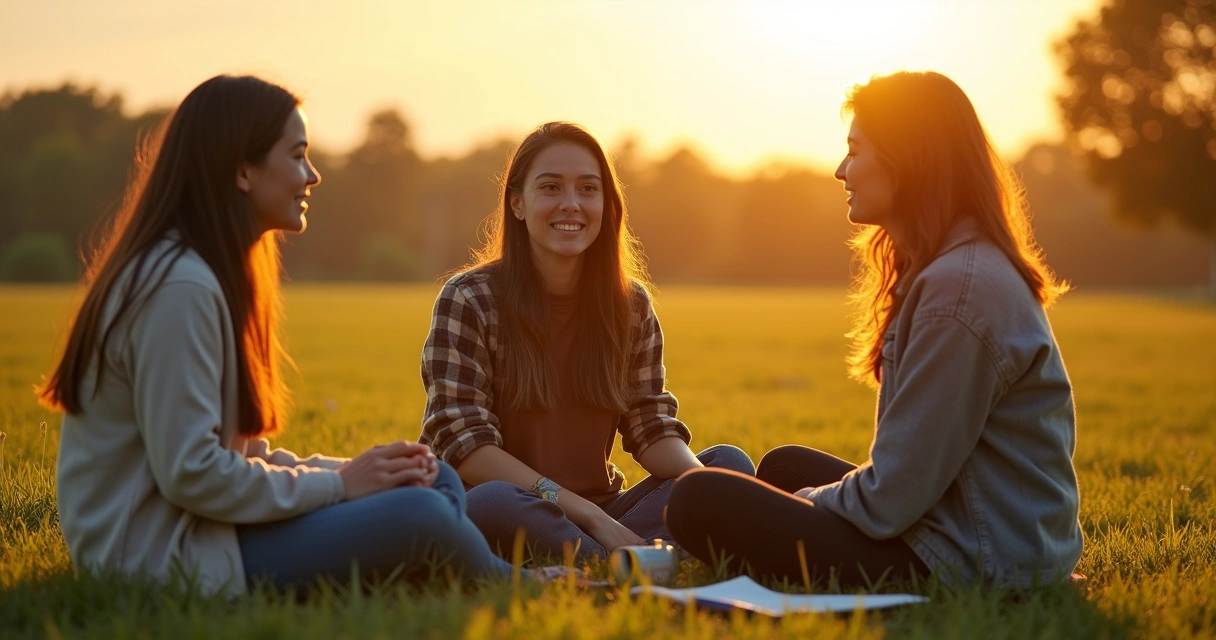 Three people sitting on grass at sunset, talking openly 