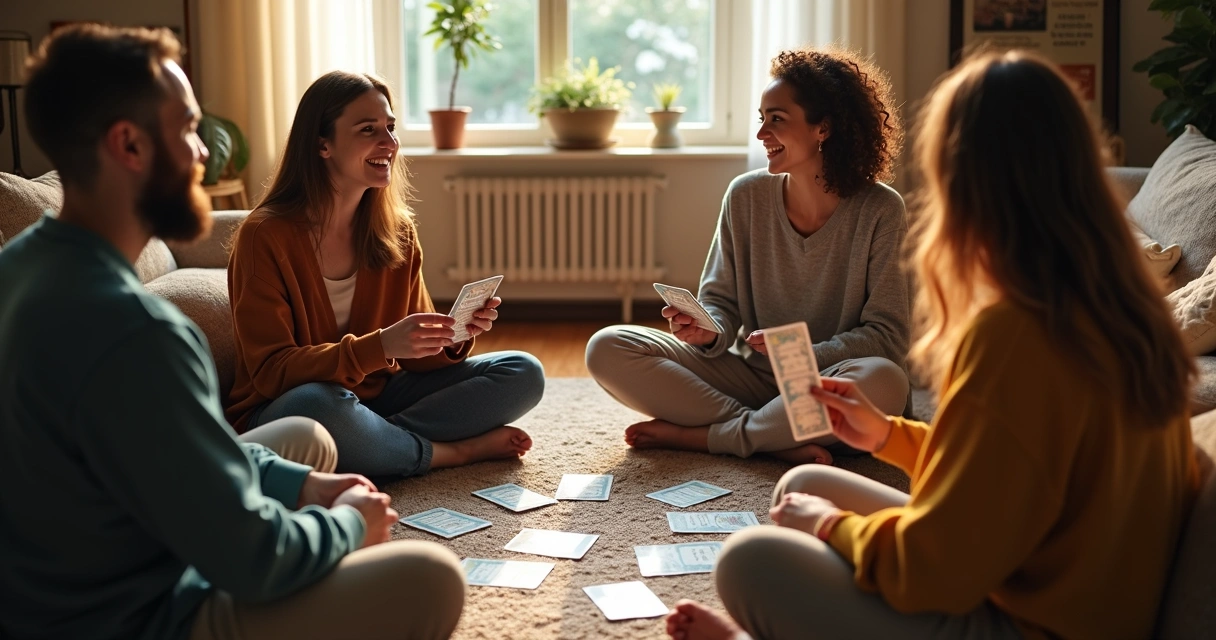 Four people gathered in a circle reading tarot cards together 