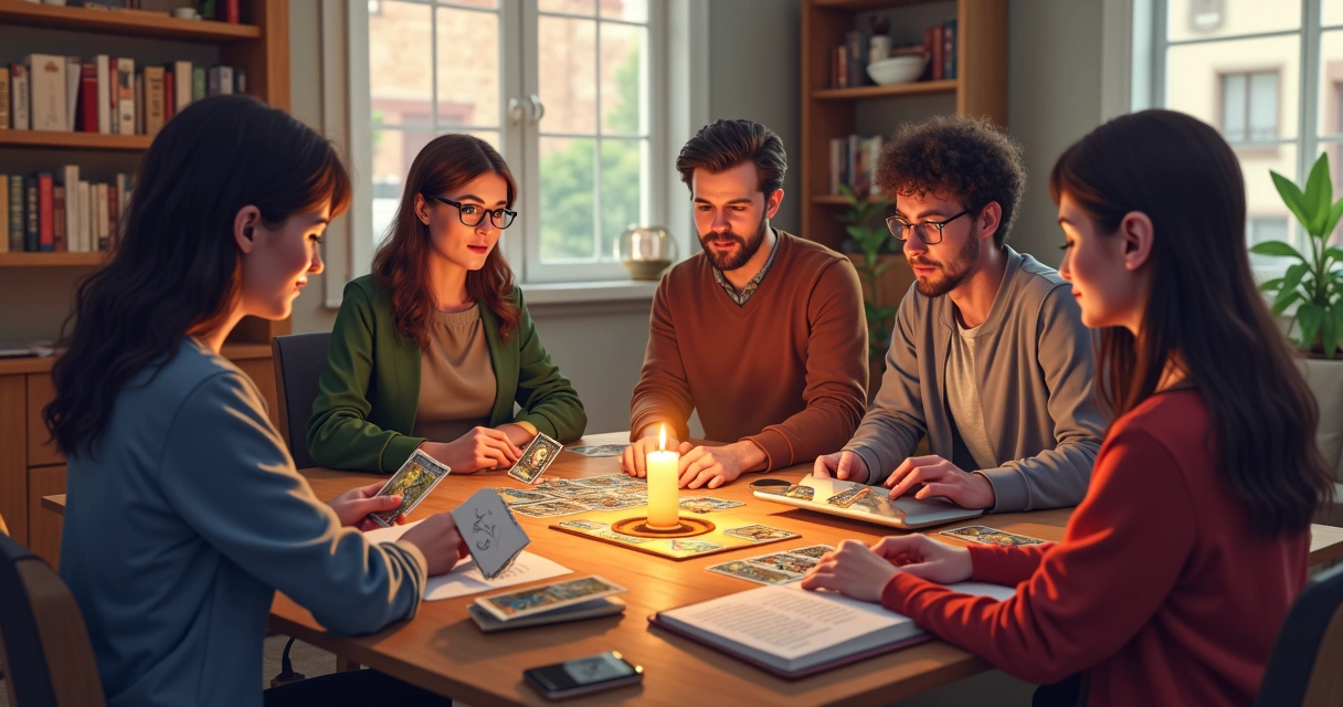 Online group tarot study session with several participants and cards visible on screens 
