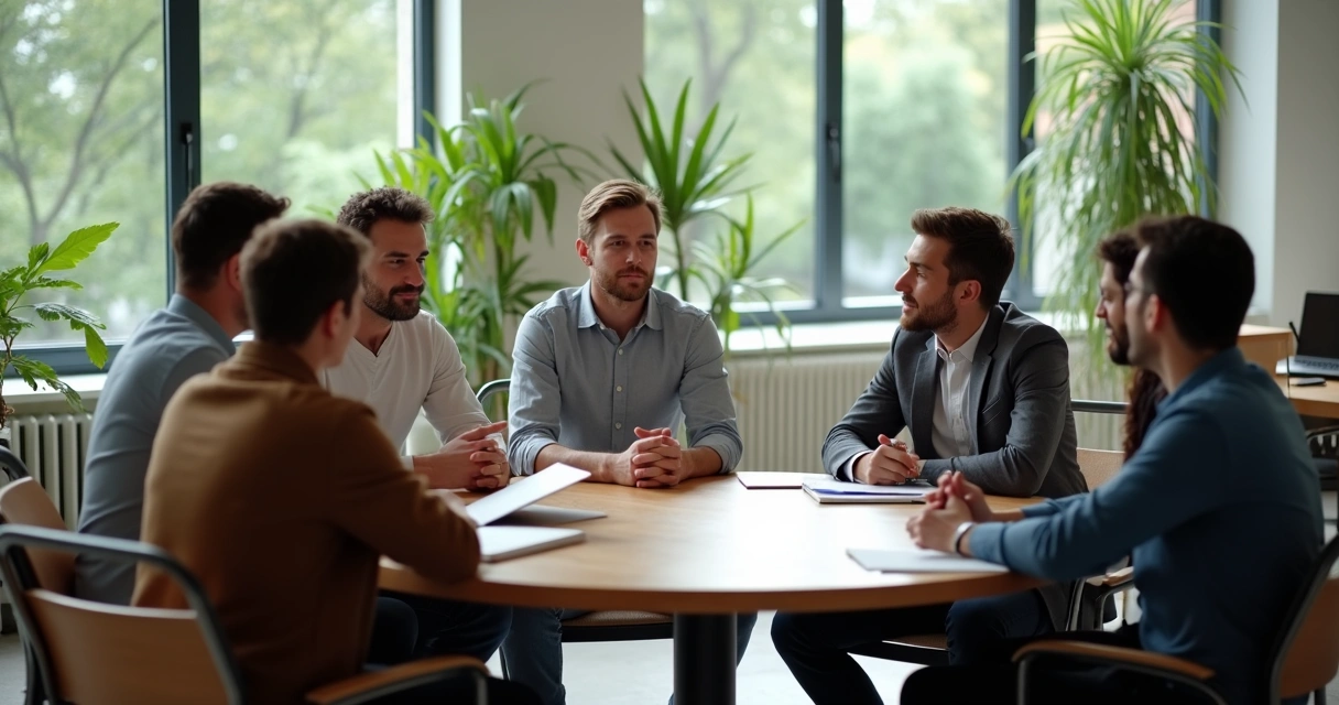 Team in open discussion around a table