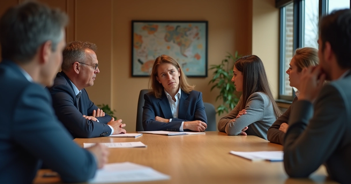 People at a meeting table showing signs of discomfort and tension 