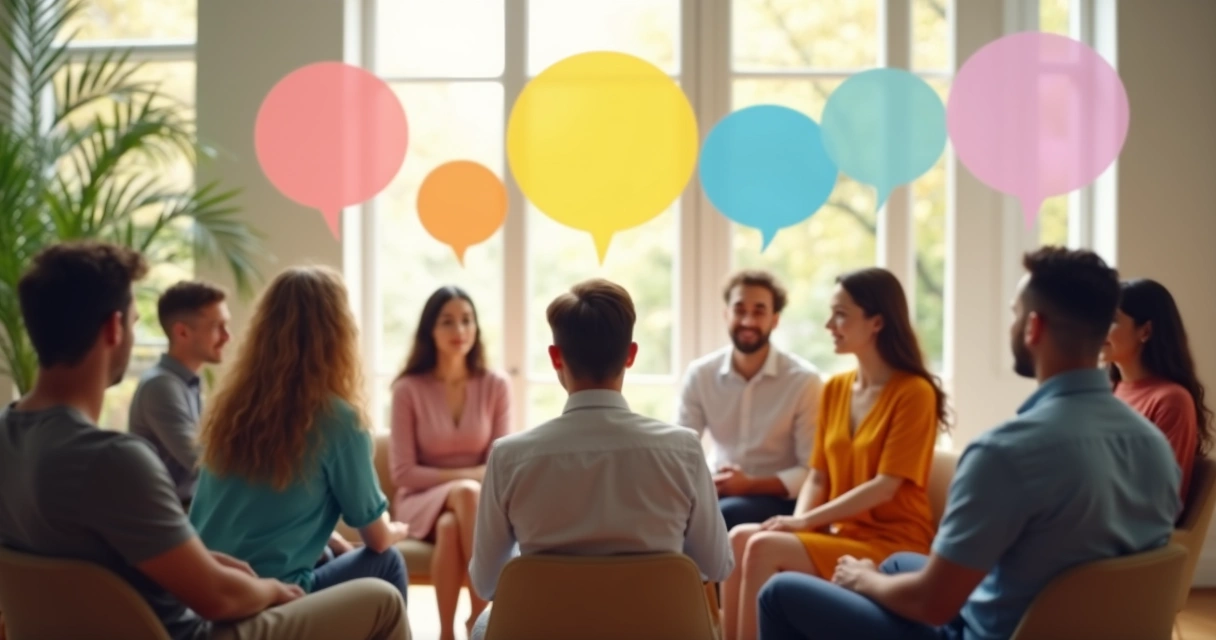 People in a circle discussing with thought bubbles above them 