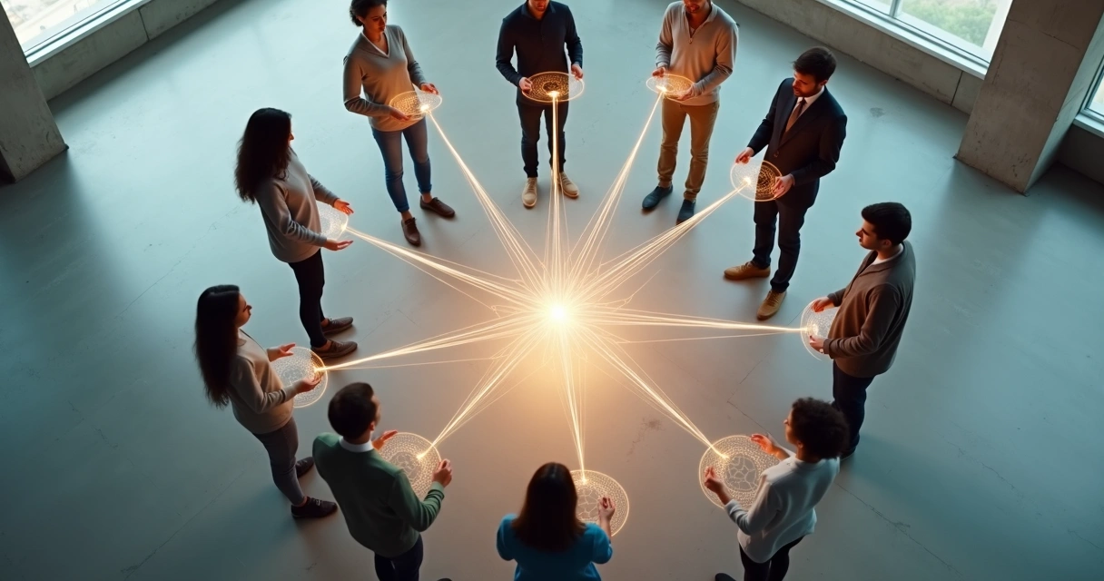 Diverse group forming a glowing circle pattern viewed from above 