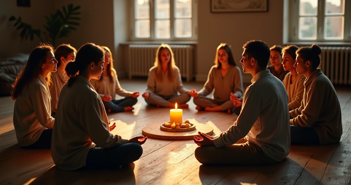 Small group gathered in circle holding hands 