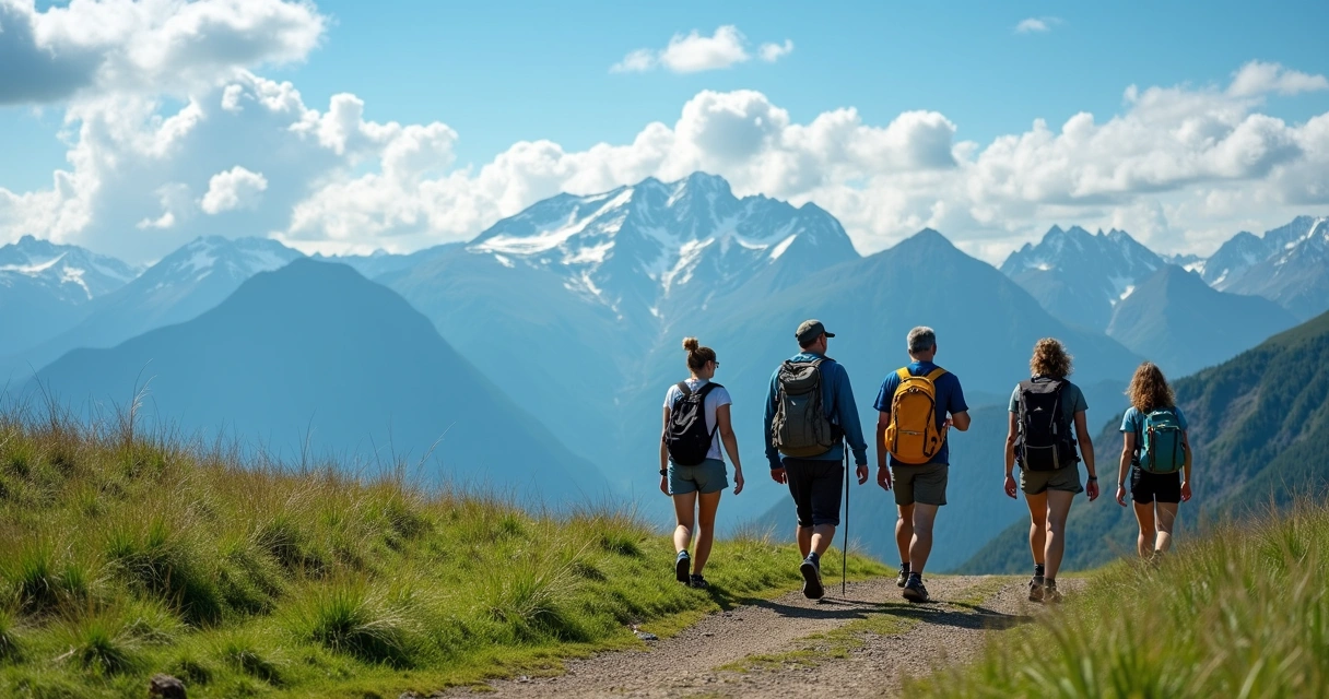 Small group of travelers hiking on a green trail with mountains in the background