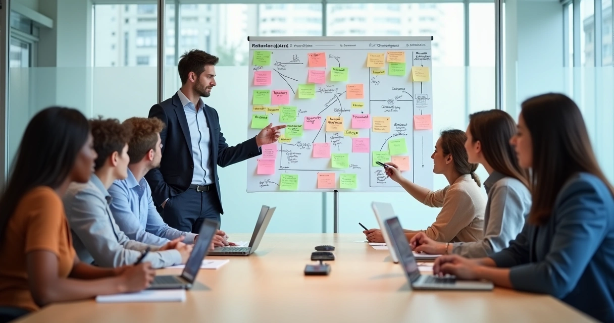 Diverse team in a meeting using sticky notes to review bias in group decisions 