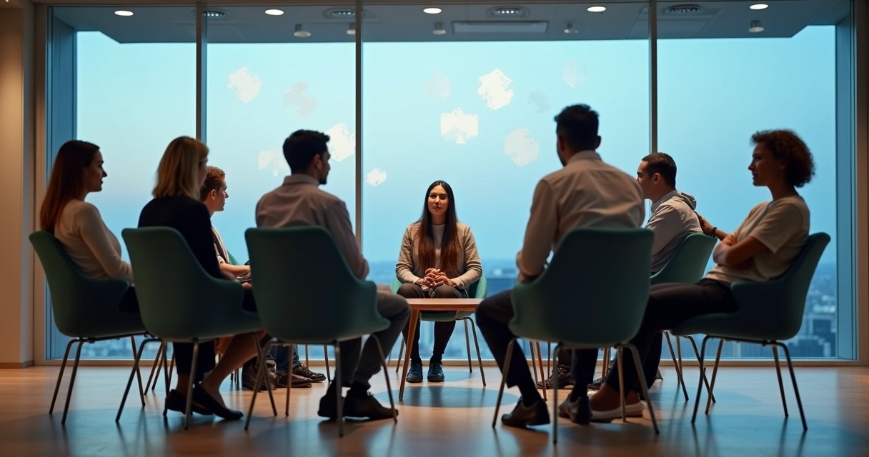 Diverse team in a meeting room with subtle shadow silhouettes symbolizing unconscious patterns 