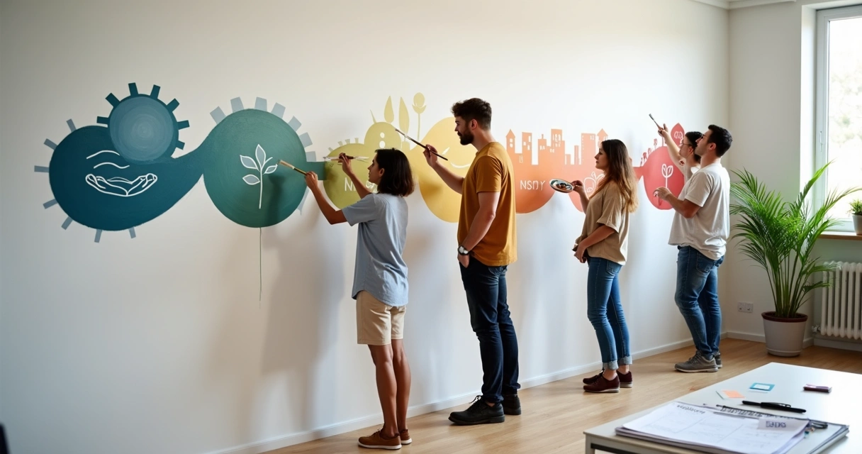 Diverse team painting one continuous values mural together 