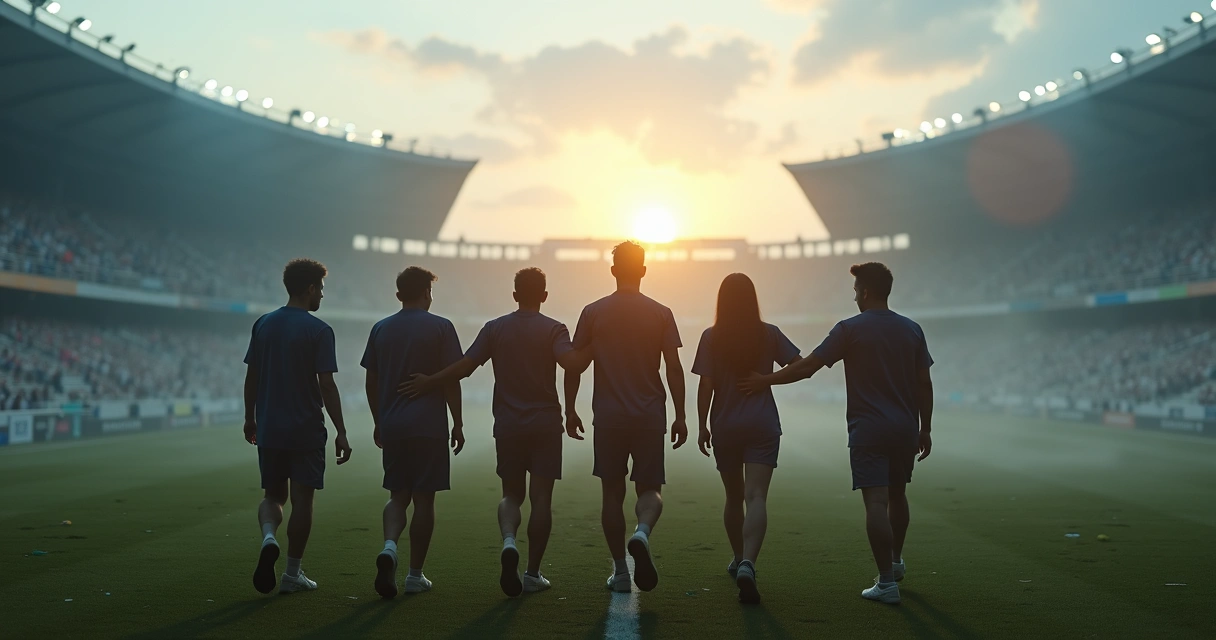 Small group walking together across empty foggy stadium field 