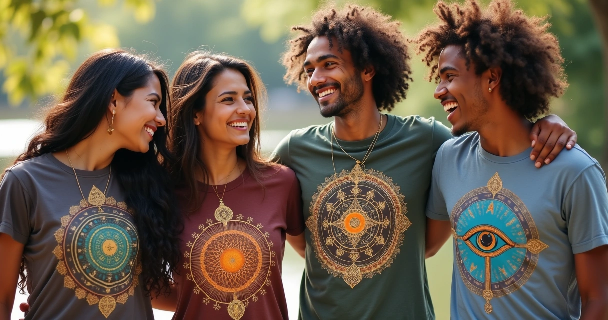 Group of friends wearing mystical symbol t-shirts 