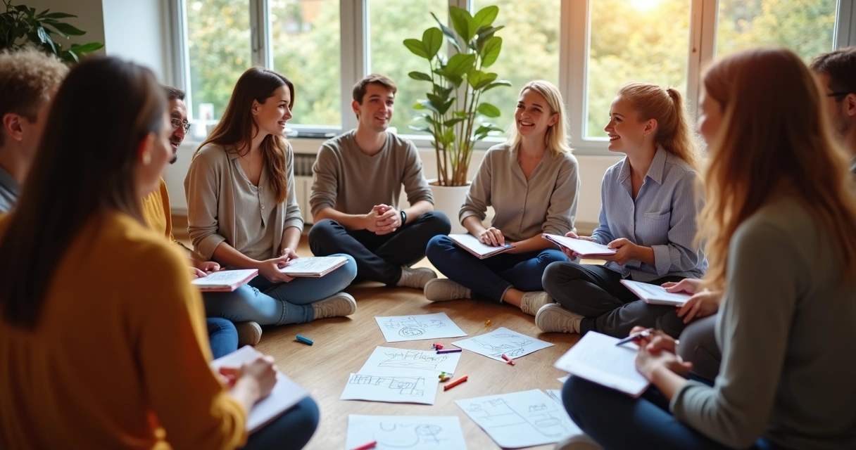 People sitting in a circle sharing insights on well-being in a bright room 