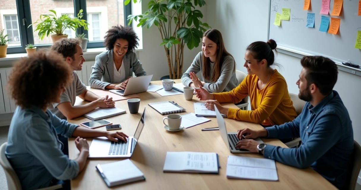 Team of people in a meeting around a table sharing ideas 