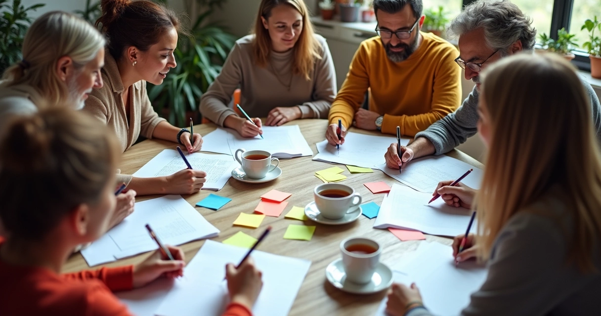 Group of people sitting around a table, writing and discussing together 
