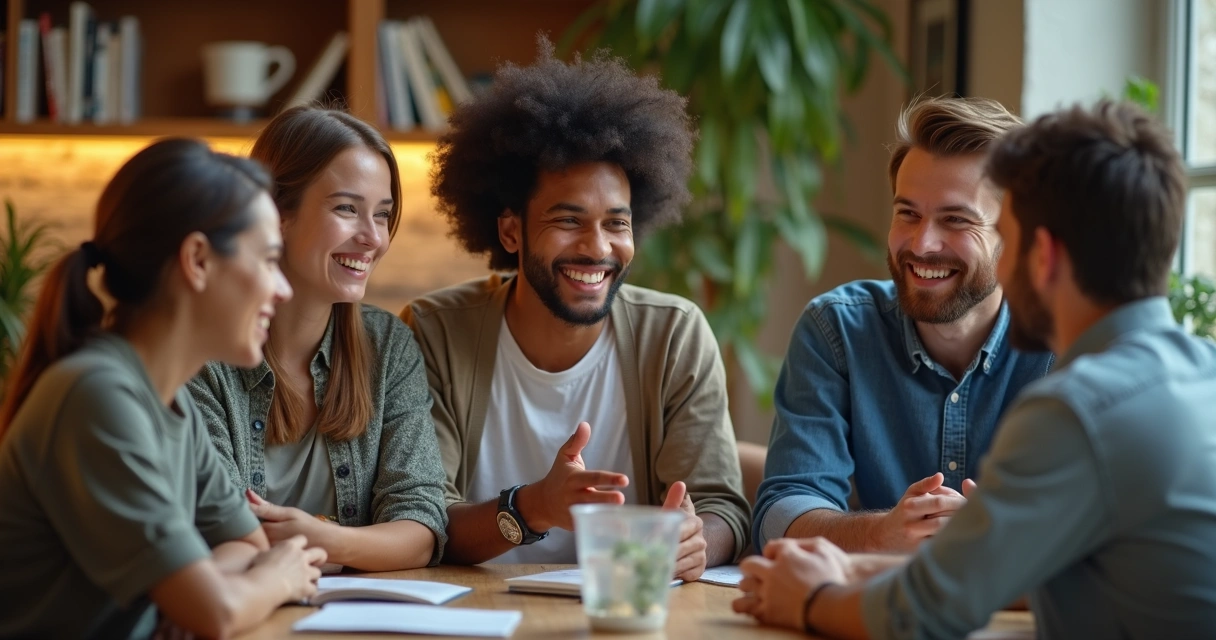Group of young adults discussing with an older mentor in an informal setting