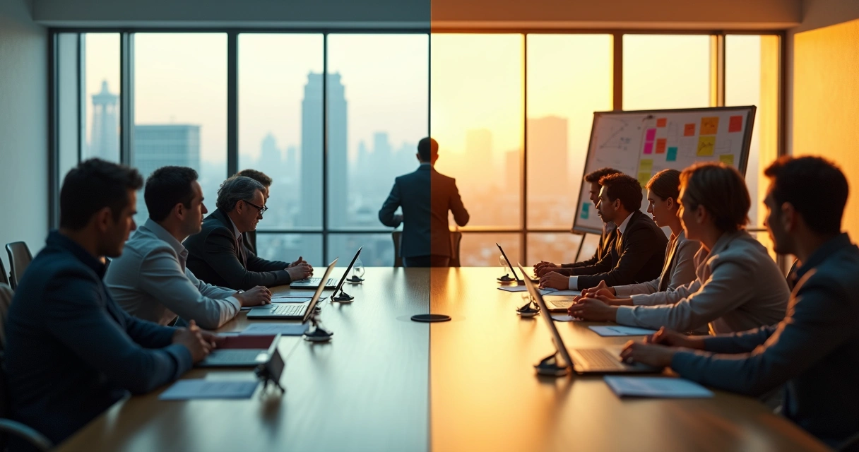 Two contrasting groups in a meeting room, one conformist and one engaged in conscious dialogue 