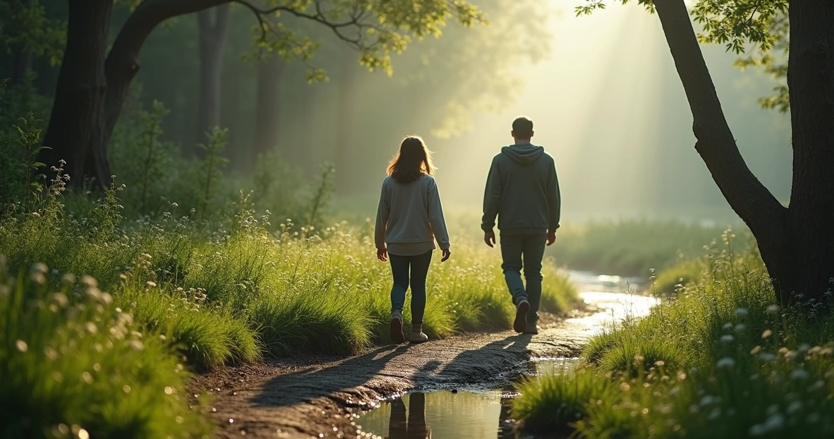 Two figures walking on a winding path symbolizing the journey of awareness and maturity 