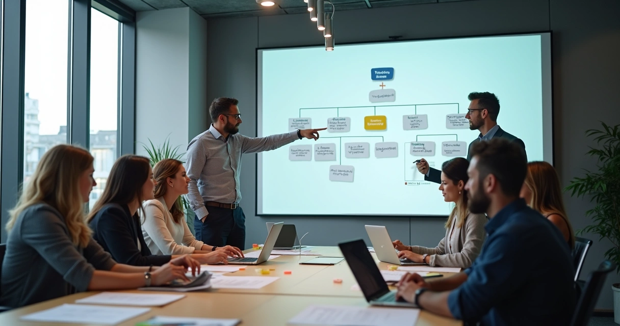 Business team around a table reviewing documents, some pointing to an organization chart