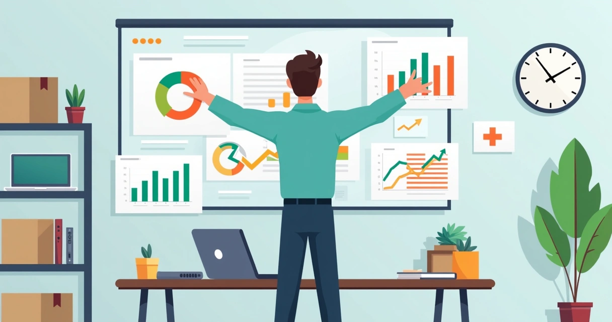 Illustration of a small business owner monitoring website growth metrics on a digital dashboard 