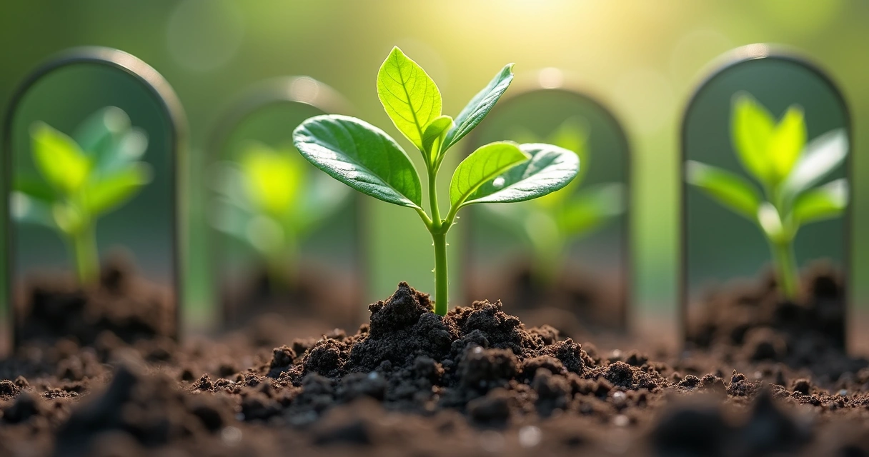 Small plant growing among mirrors 