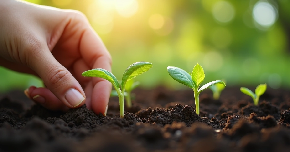 Hand planting seed in soil, sunlight creating hope