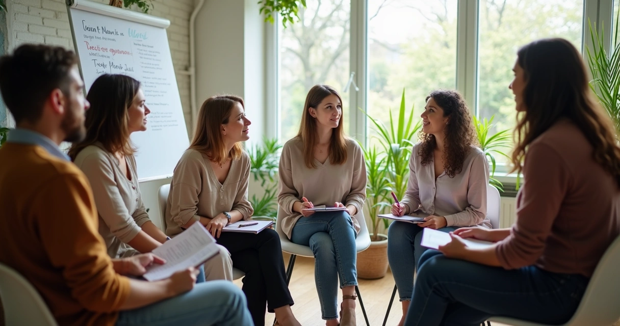People sitting in a circle during a growth workshop, engaging and reflecting with calm expressions