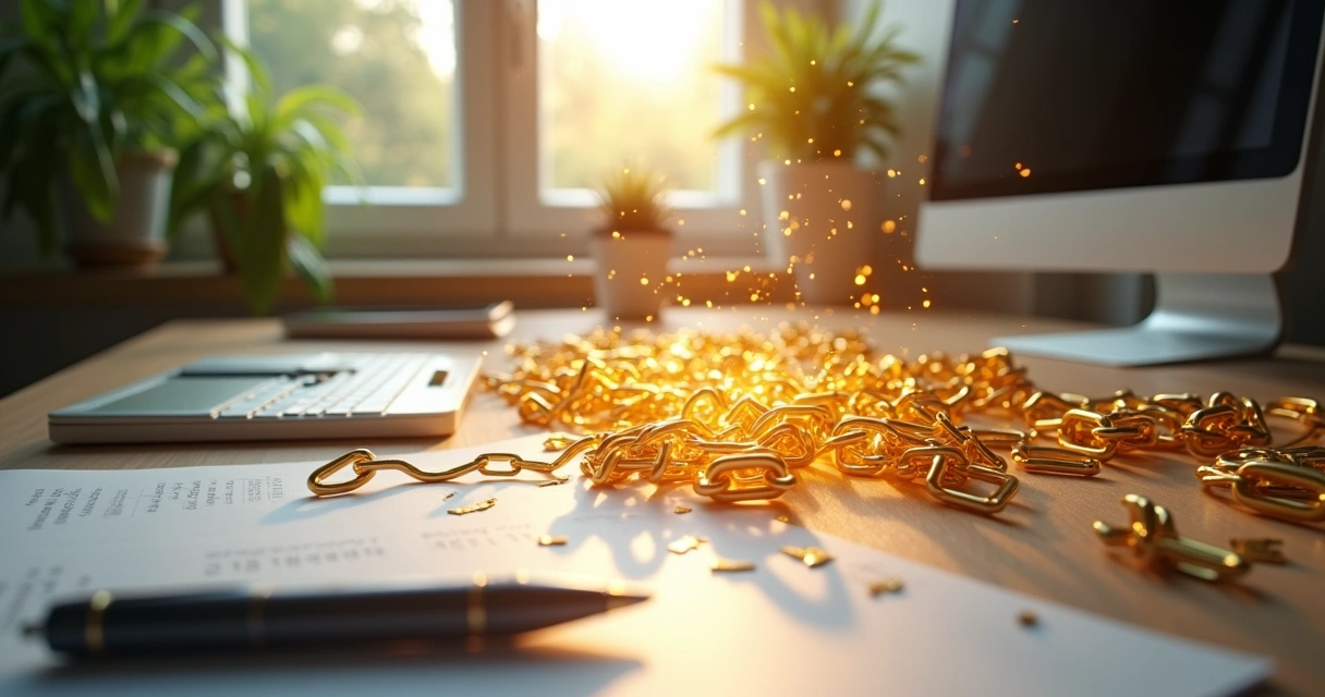 Conceptual illustration showing workplace growth through breaking old chains 