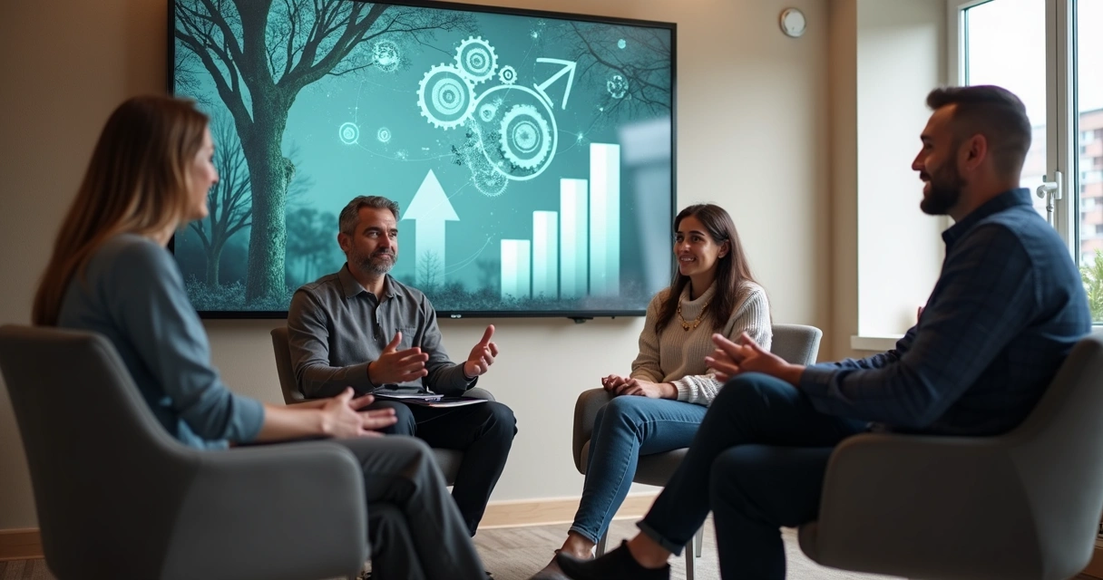 Team sitting in a circle engaged in an open conversation, with symbols representing personal and collective growth on the walls