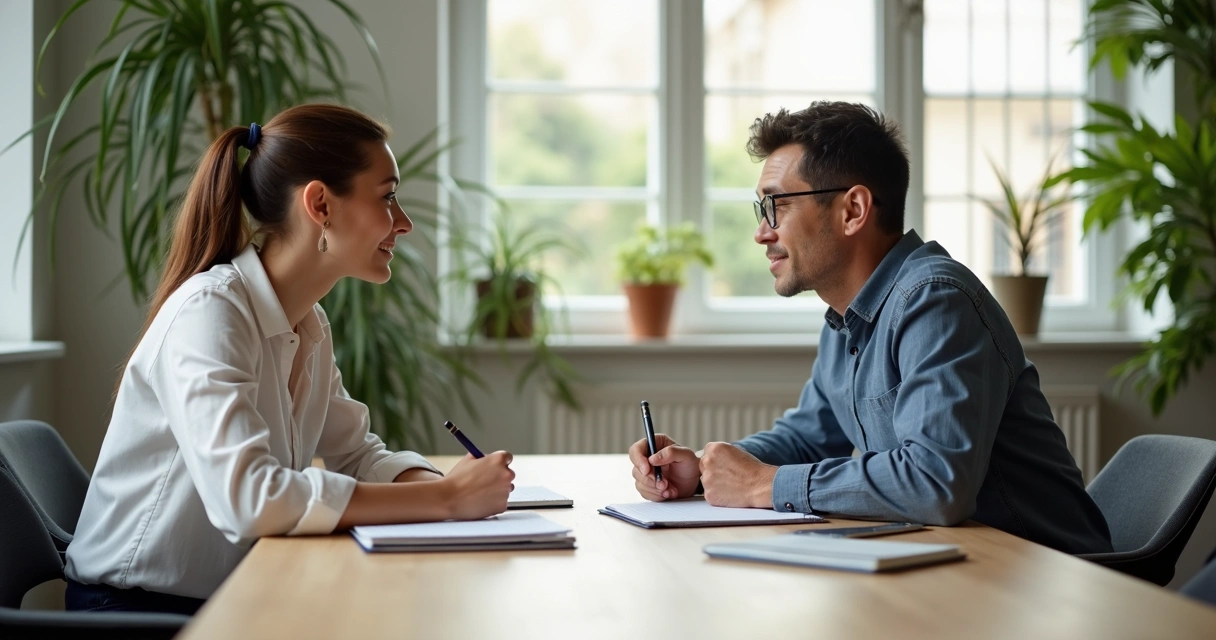 Two people in business attire sitting at a table, engaging in an open feedback discussion with relaxed body language and papers between them 
