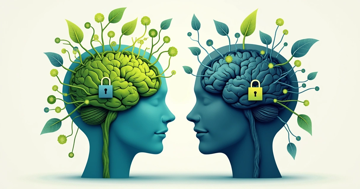 Drawing showing comparison of two brains, one with open connections and the other with closed connections.