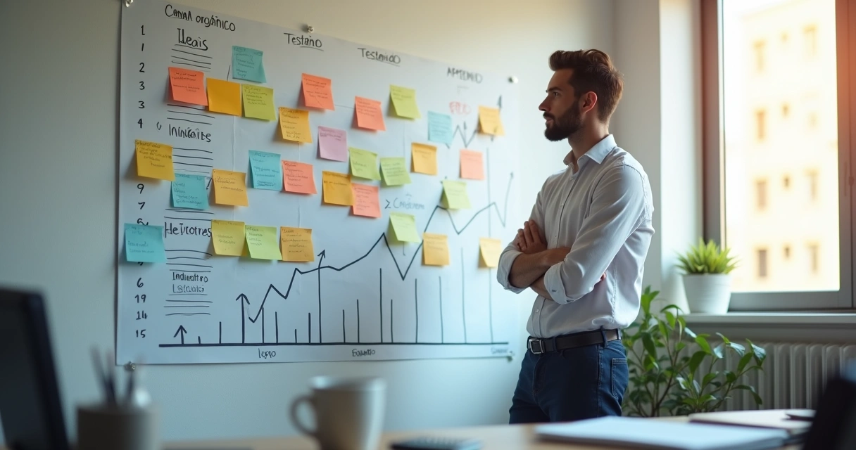 Empresário de PME analisando mural com ideias de growth e setas de crescimento 