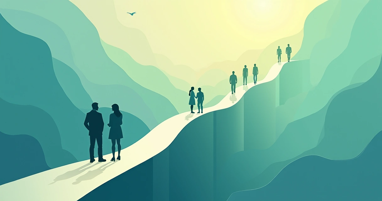 Abstract visual with paths, arrows, and human silhouettes symbolizing growth