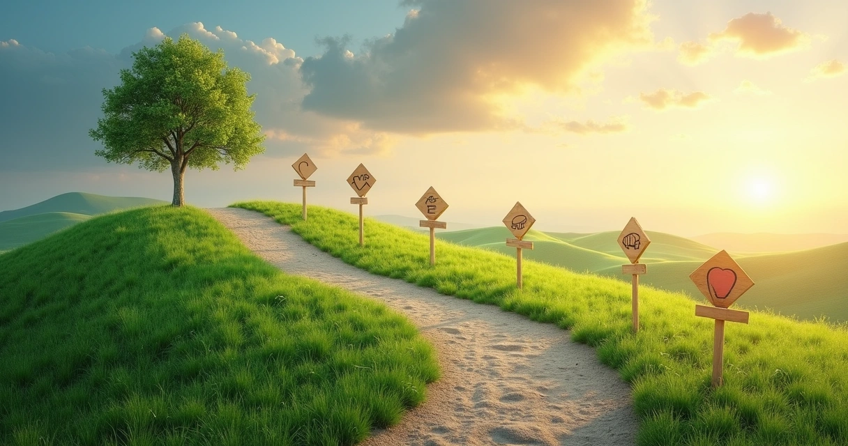Path winding up a green hill with symbols of growth along the way 