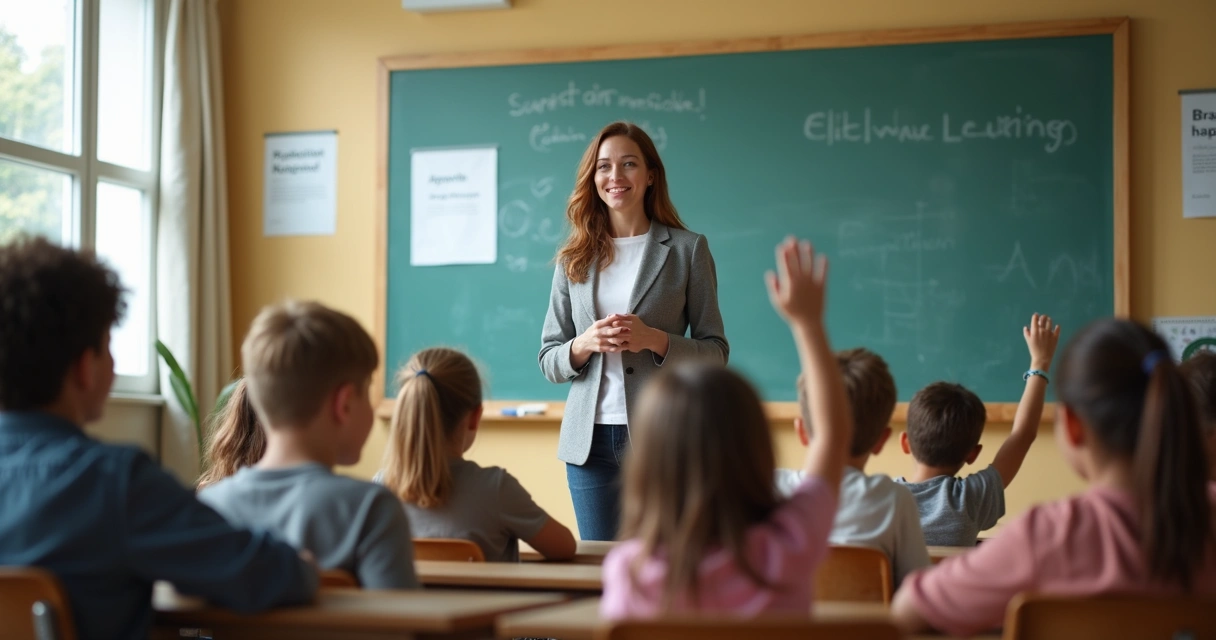 Teacher encouraging students in a classroom, students showing interest.