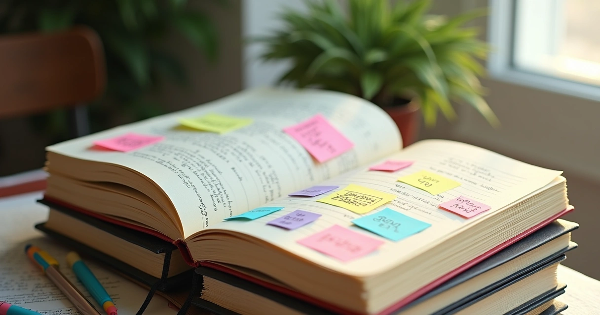 Stack of journals with notes and highlighted progress tracking 