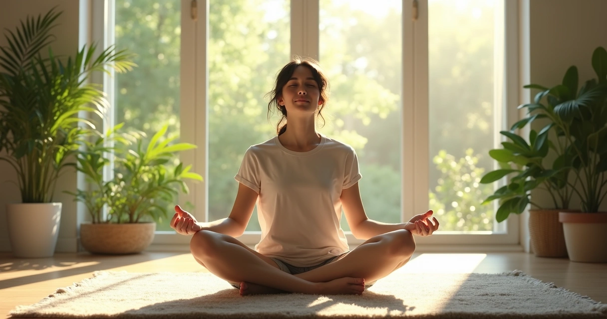 Person seated cross-legged in a bright room looking focused, surrounded by green plants and natural light 