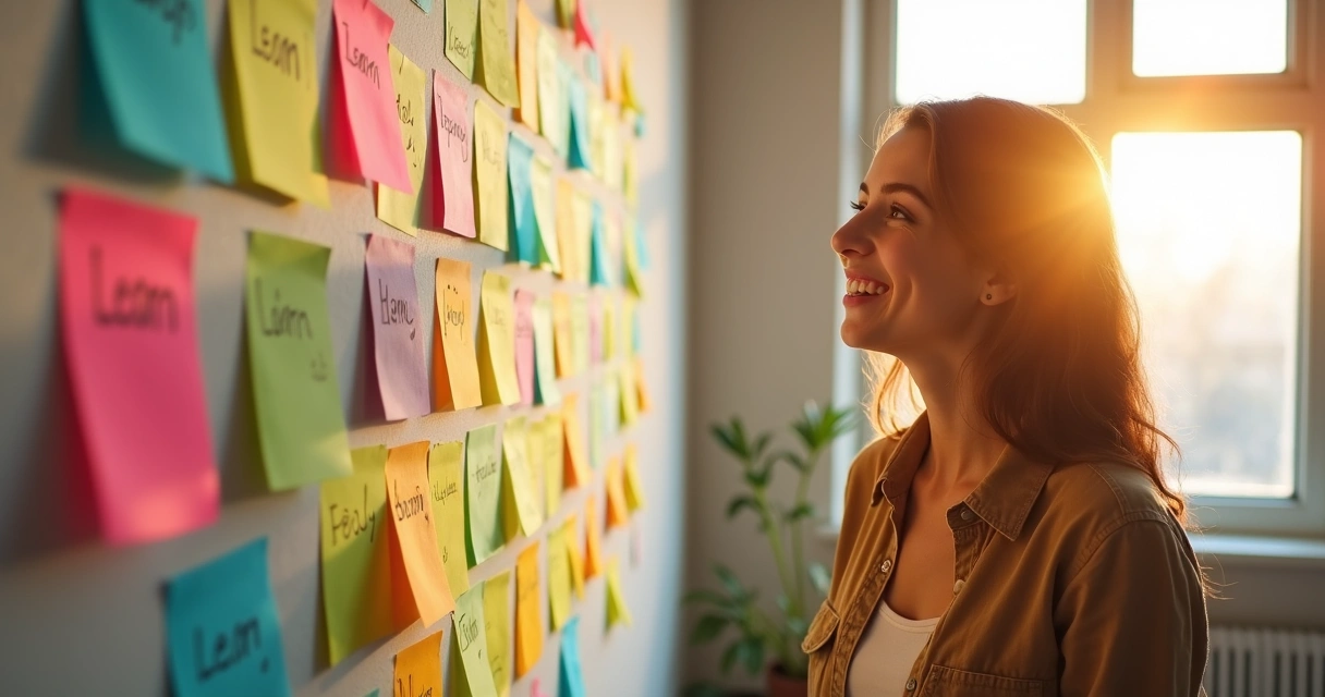 Young woman smiling, sticky notes with growth ideas on wall 