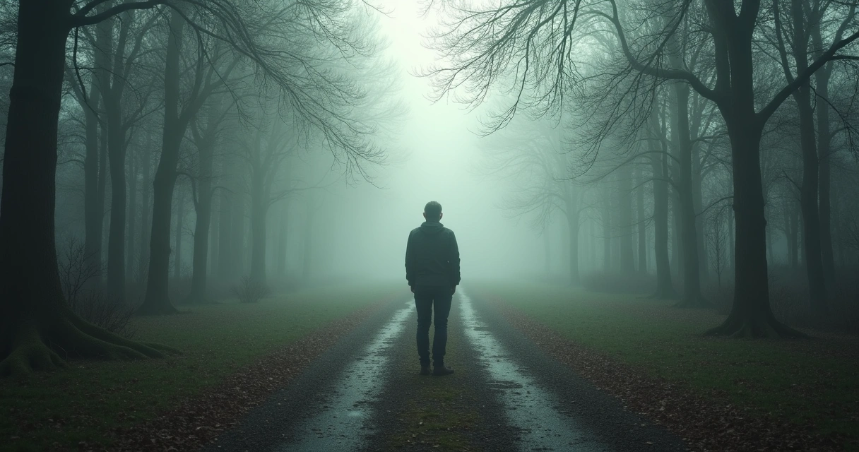 Person standing at a crossroads unsure which path to take, with misty surroundings. 