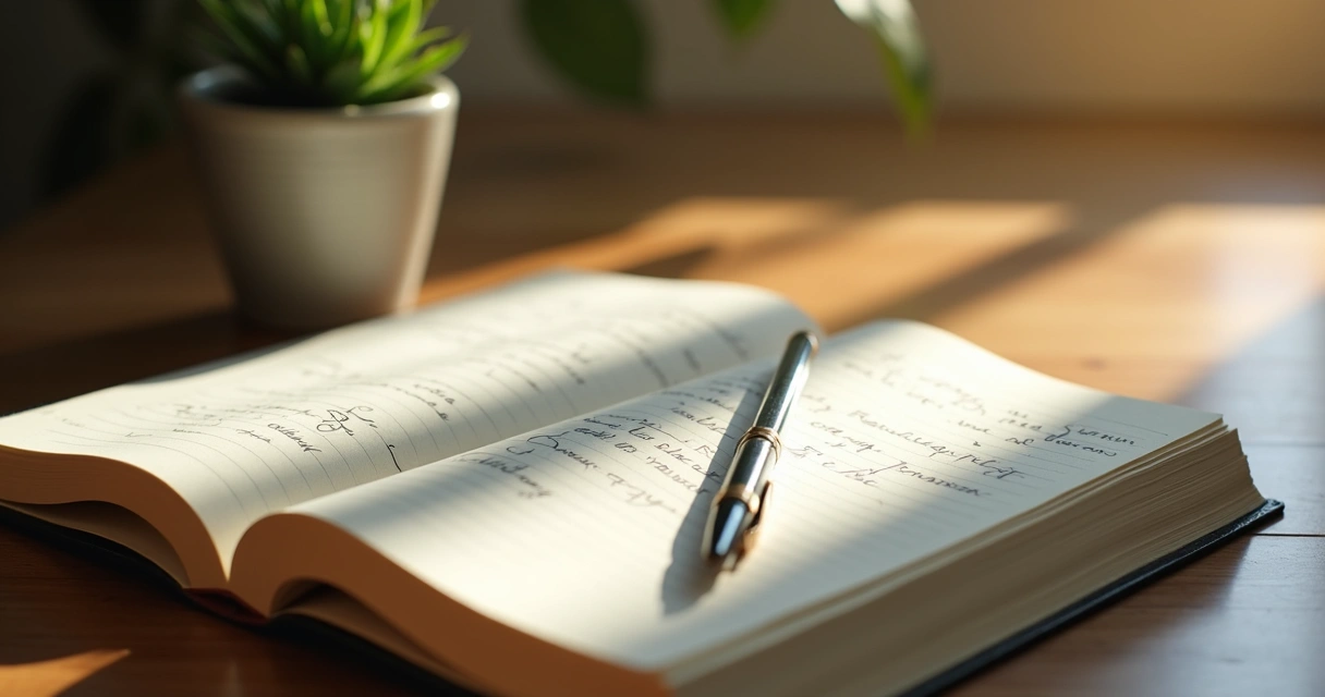 Notebook, pen, and gentle plant on a wooden table 