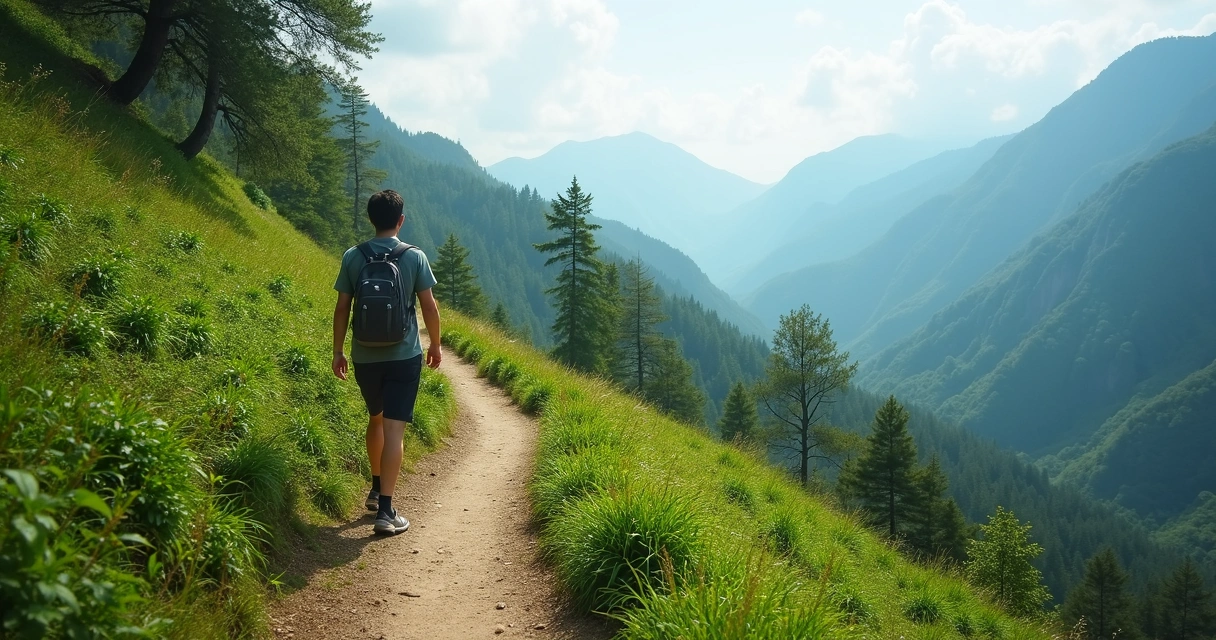Person walking alone up a winding path in nature 