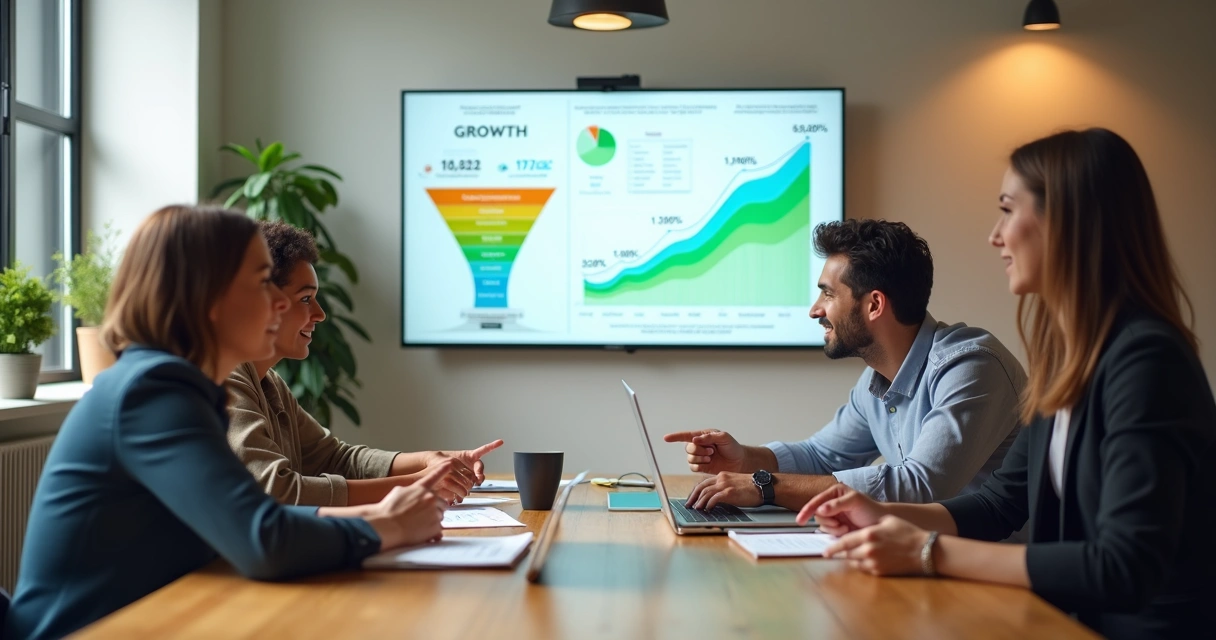 Equipe em pequena empresa analisando funil de vendas e gráficos de crescimento em tela grande 